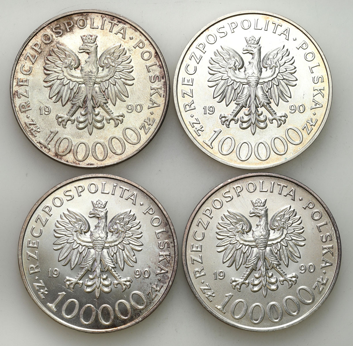 III RP. 100.000 złotych 1990 Solidarność typ A, zestaw 4 sztuk
